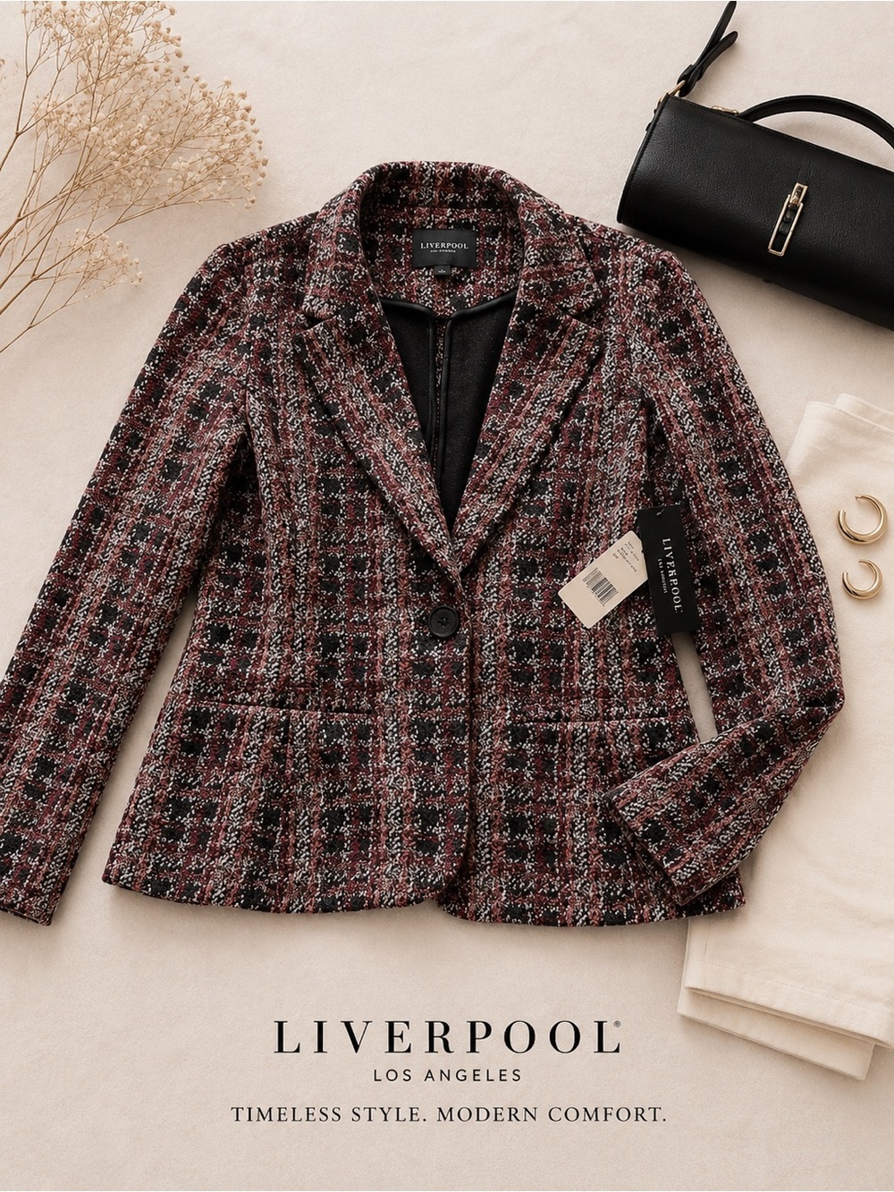 Liverpool Burgundy Plaid Tweed Single-Button Blazer